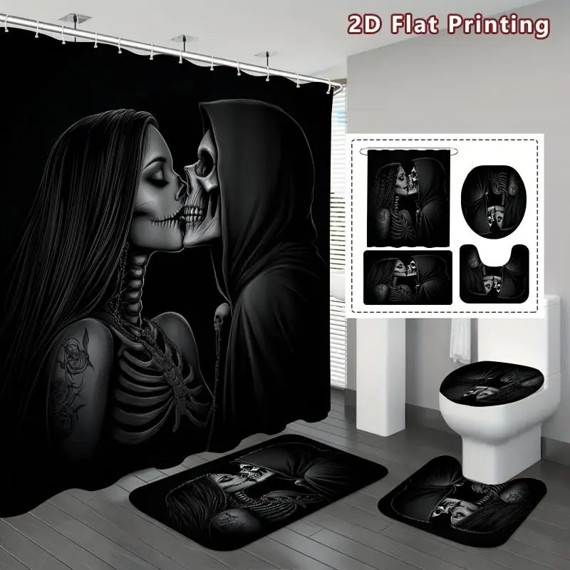 1/4pcs 2D Flat Skeleton Kiss Shower Curtain Set, Monochrome Embrace Bathroom Decor, Accessories with Bath Mat, U-shaped Mat, Toilet Lid Cover, 12 Hooks 70.87x70.87inch Curtain, Gothic Romance, Home Decor