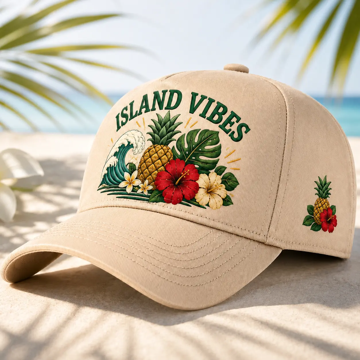 Unisex Beige Curved Brim Island Vibes Baseball Cap - Structured Crown, Tropical Pineapple Hibiscus Wave Monstera Leaf Graphic, Golf Casual Outfits Cap, Aloha-Inspired Style, All Seasons Outdoor Hat