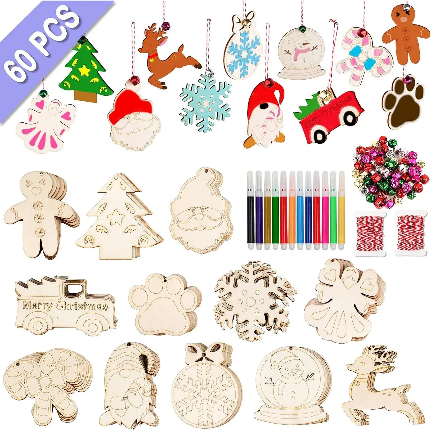 60 count DIY Wooden Christmas Ornaments, 12 Styles Christmas Crafts for  Adults with Ropes, 60 Bells and 12 Colored Pens, Unfinished  Ornaments Making Kit for Christmas Tree Decorations