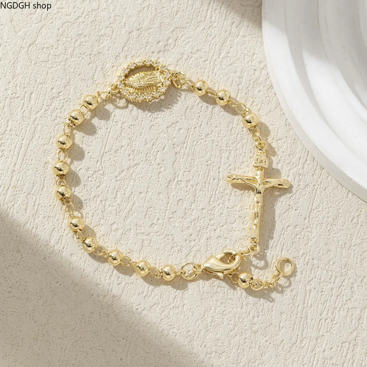 Women's Gold Beaded Virgin Mary Rosary Bracelet with Crucifix - Spiritual Faith Jewelry, Female Stylish Daily Catholic Accessory for Layering with Necklaces, E-commerce Sports & Outdoor Compatible Bracelets, Accessories For Women
