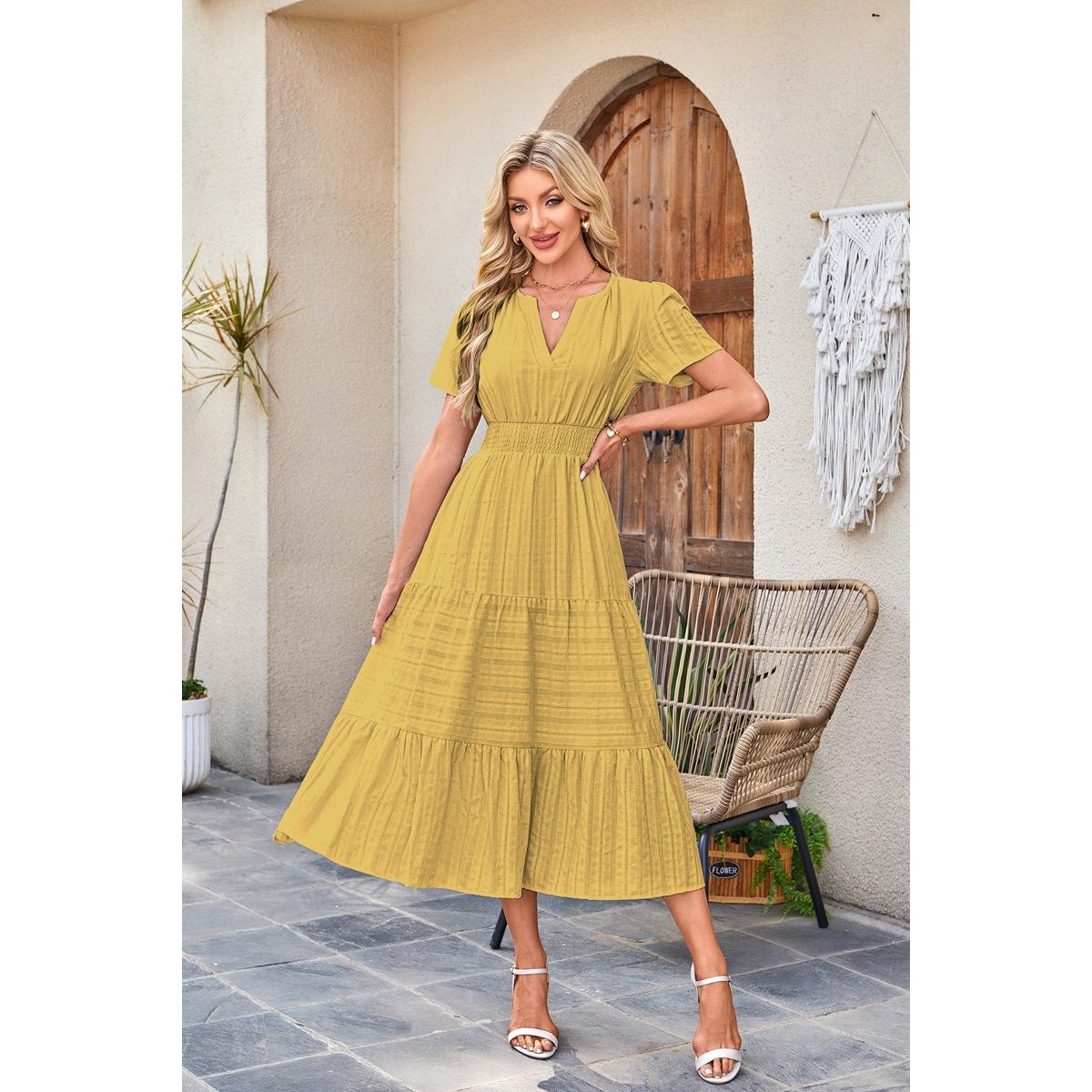 Womens Summer 2026 Casual Midi Maxi Dresses Lightweight Short Sleeve V Neck Elastic Waist Boho Beach Dress Pockets