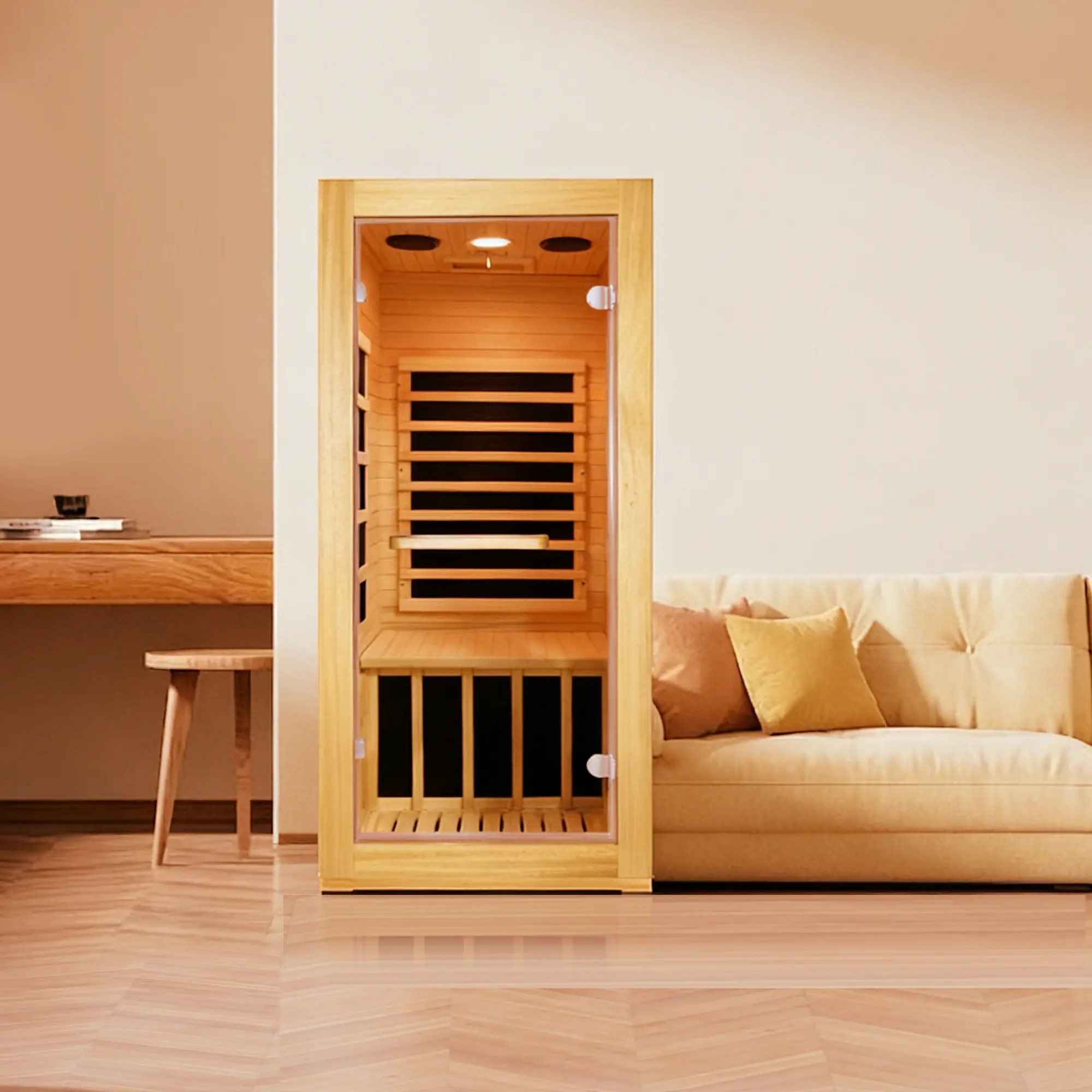 ARCH Infrared Sauna Room Single Person Home Spa Therapy 5 Carbon Heating Plates 900W 30-65°C Natural Wood AUS Timber Indoor Relaxation Wellness Heat Therapy Room for Home Gym Spa Use, Natural Color Options, Wood+Paper+Glass+Metal Material