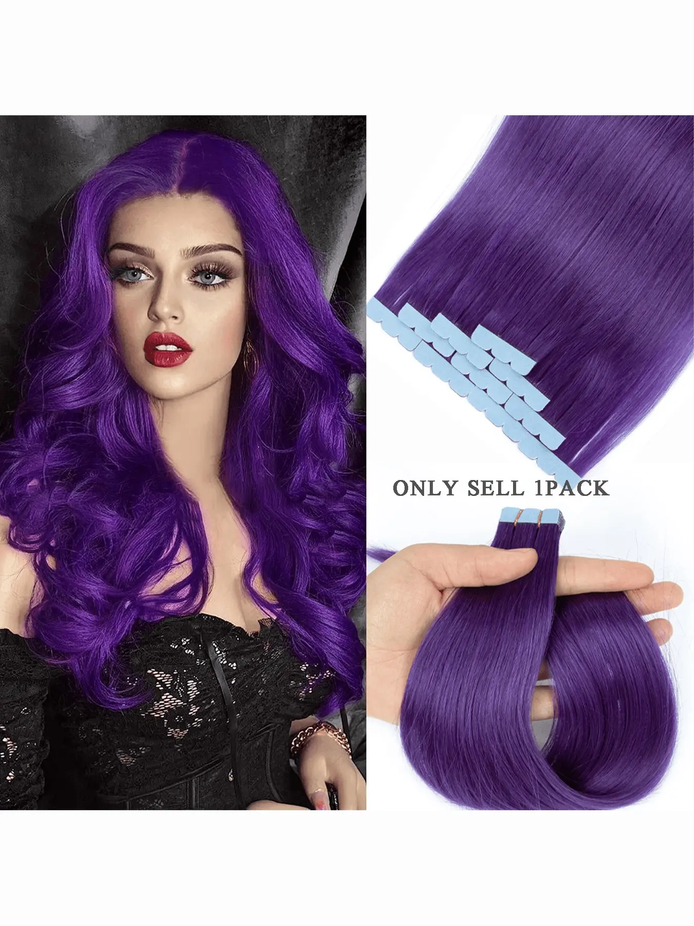 10 Pieces Double-Sided Invisible Seamless Tape-In Human Hair Extensions – Natural Straight Style Available in Violet, Dark Blue, Dusty Pink and Lime Green