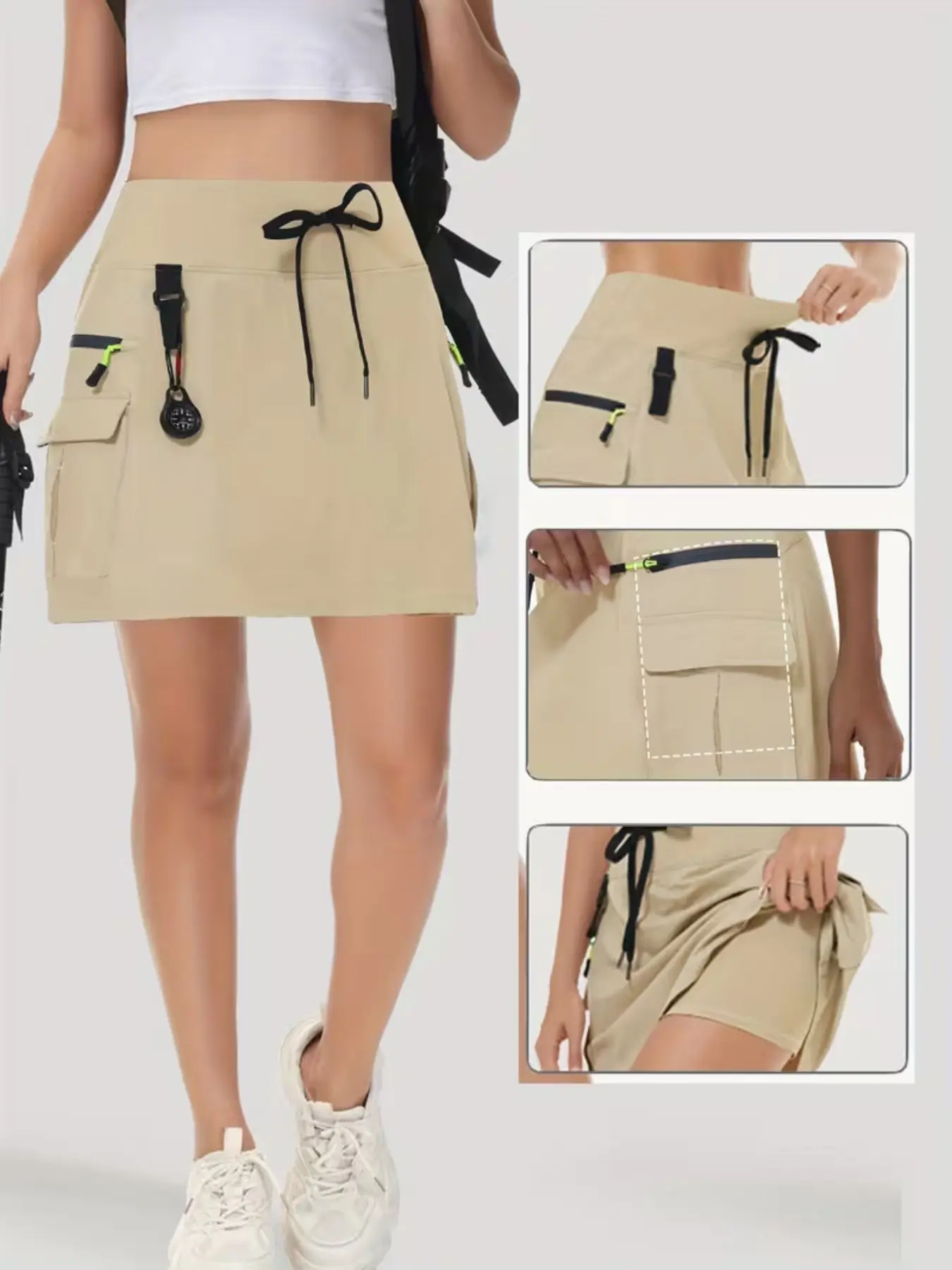 Casual High-Waisted Drawstring Sports Skirt, Stretchy Hiking Skirt, Multi-Pocket Anti-Exposure Lining, Ideal for Tennis, Hiking, Running, Fitness, Daily Wear