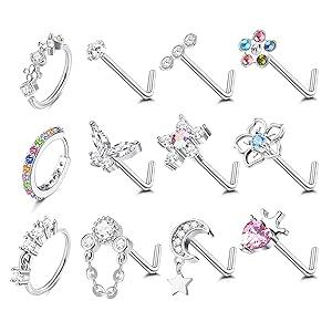 Trendy Summer 12PCS 20G Nose Rings Studs Stainless Steel Nose Rings Hoop for Women Men Paved CZ Butterfly Flower Nose Nostril Piercing Jewelry L Shaped Nose Ring Stud Set Cubic Zirconia Trendy Summer 12PCS 20G Nose Rings Studs Stainless Steel Nose Rings Hoop for Women Men Paved CZ Butterfly Flower Nose Nostril Piercing Jewelry L Shaped Nose Ring Stud Set Cubic Zirconia