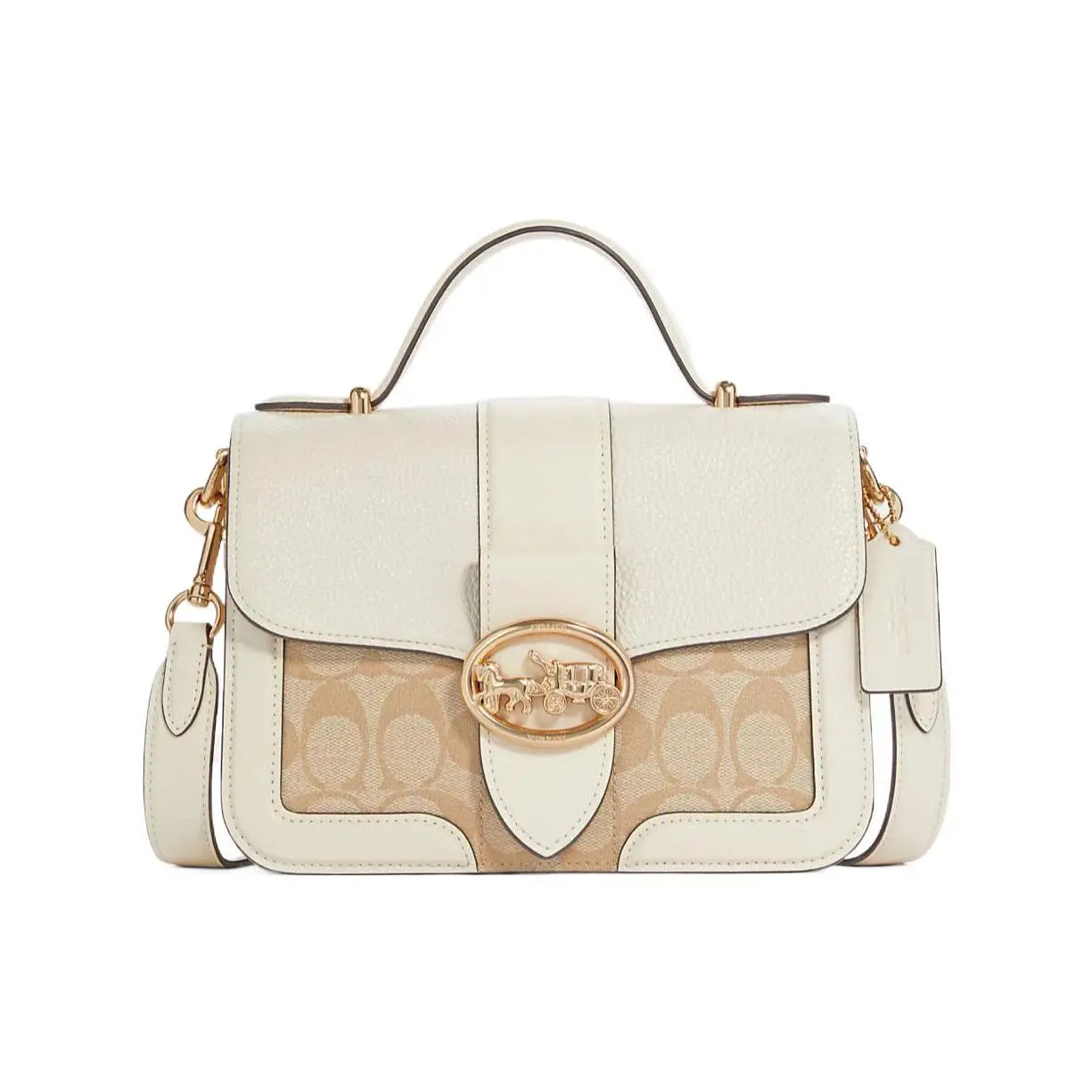 COACH Georgie 22 Classic Equestrian Logo Snap Closure Pebbled Canvas and Leather Handbag for Women in Cream and Light Brown