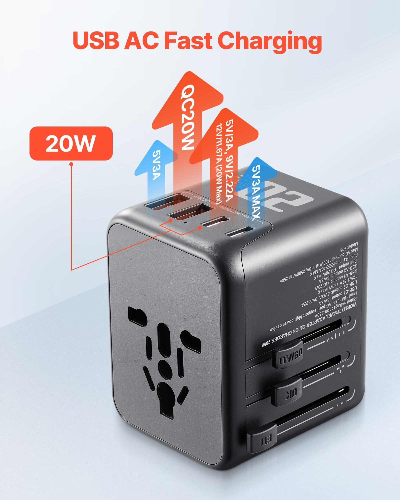 VEVOR Universal Travel Adapter, 5-in-1, International European Power Adapter with 2 USB-C, 2 USB-A Ports, 1 AC Outlet, 4 Different Plugs, Worldwide Plug Adaptor Wall Charger, for Europe UK EU AUS USA