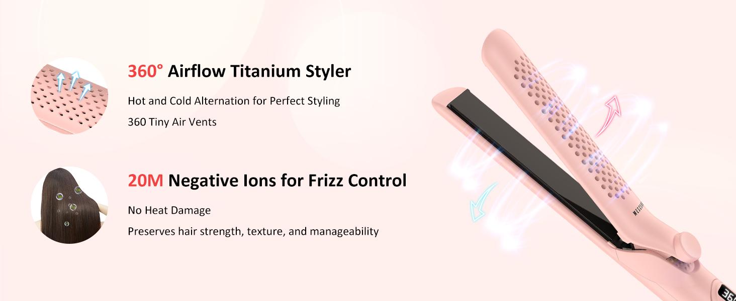 360°     Airflow Styler – 1 Inch 2-in-1 Hair Straightener & Curler with Vented Cool Air for Style Locking, Extra Long Flat Iron, Dual Voltage for European Travel
