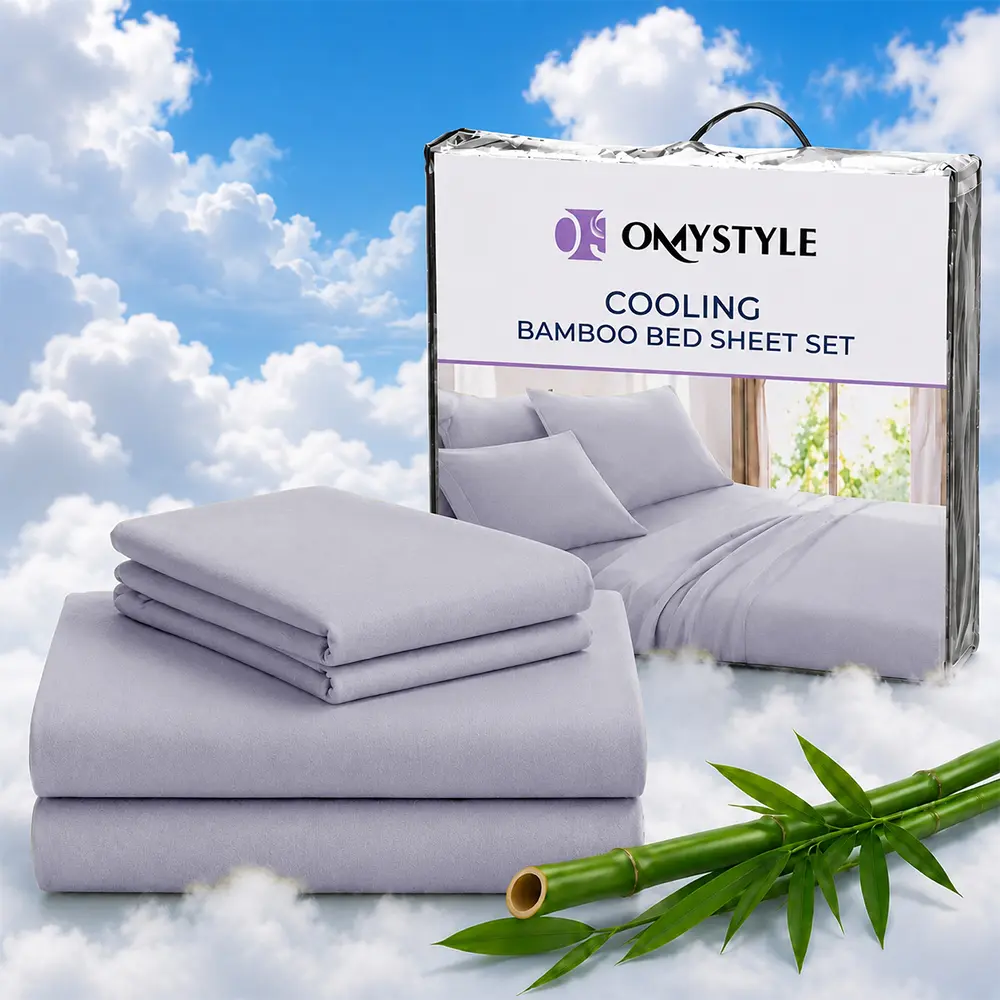 OS OMYSTYLE  Extra Deep Pocket Bamboo Fiber Sheet Set 4-Piece, Wrinkle Resistant Cooling Bed Sheets, Fully Elastic Fitted Sheet for Thick Mattress, Great for Halloween Gathering & Christmas Holiday Guest Room