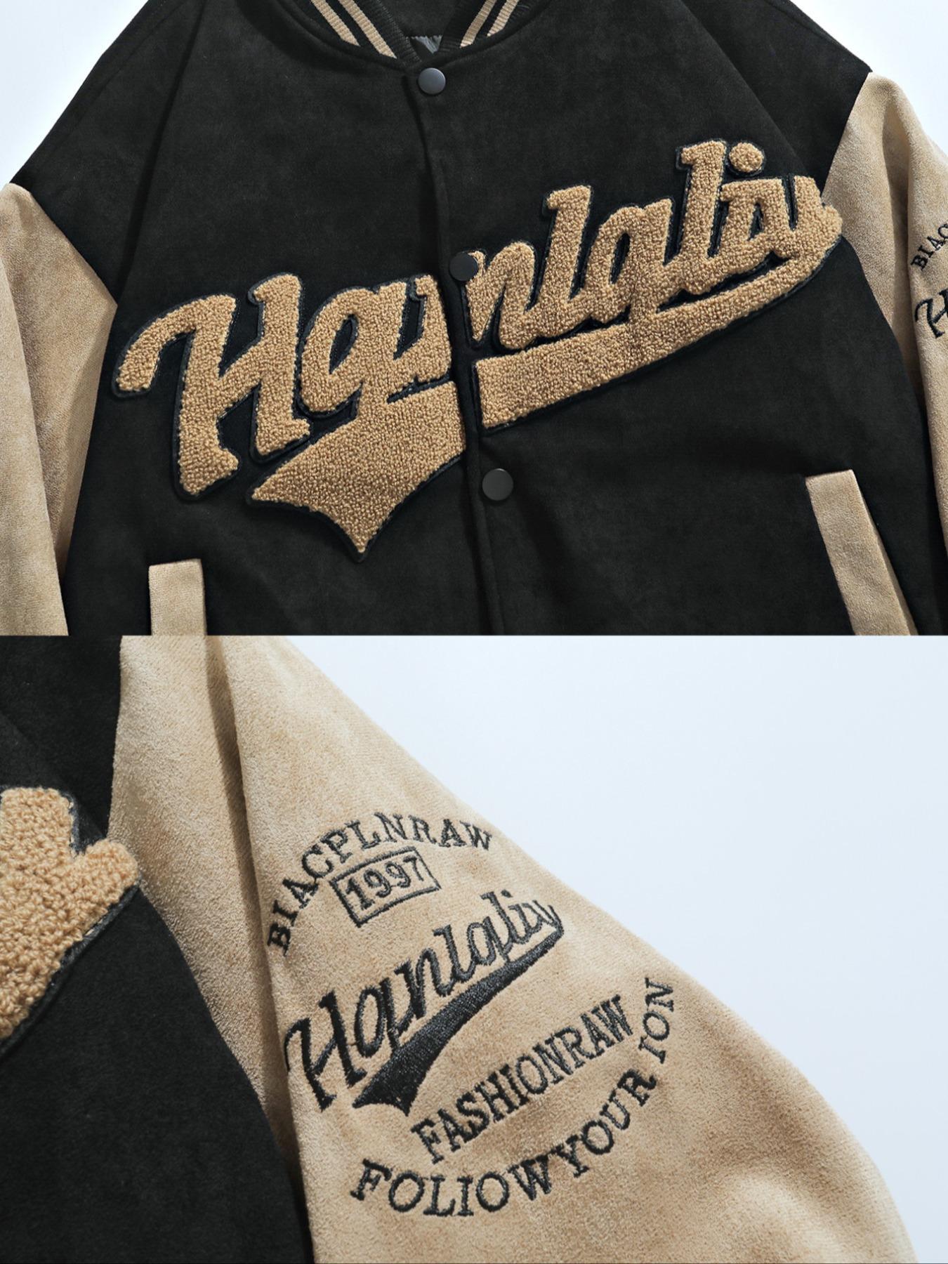 Men's Patchwork Letter Embroidery Button Front Vintage Varsity Jacket, Casual Drop Shoulder Long Sleeve Baseball Collar Outerwear for Fall & Winter, Men's Clothes for Daily Wear