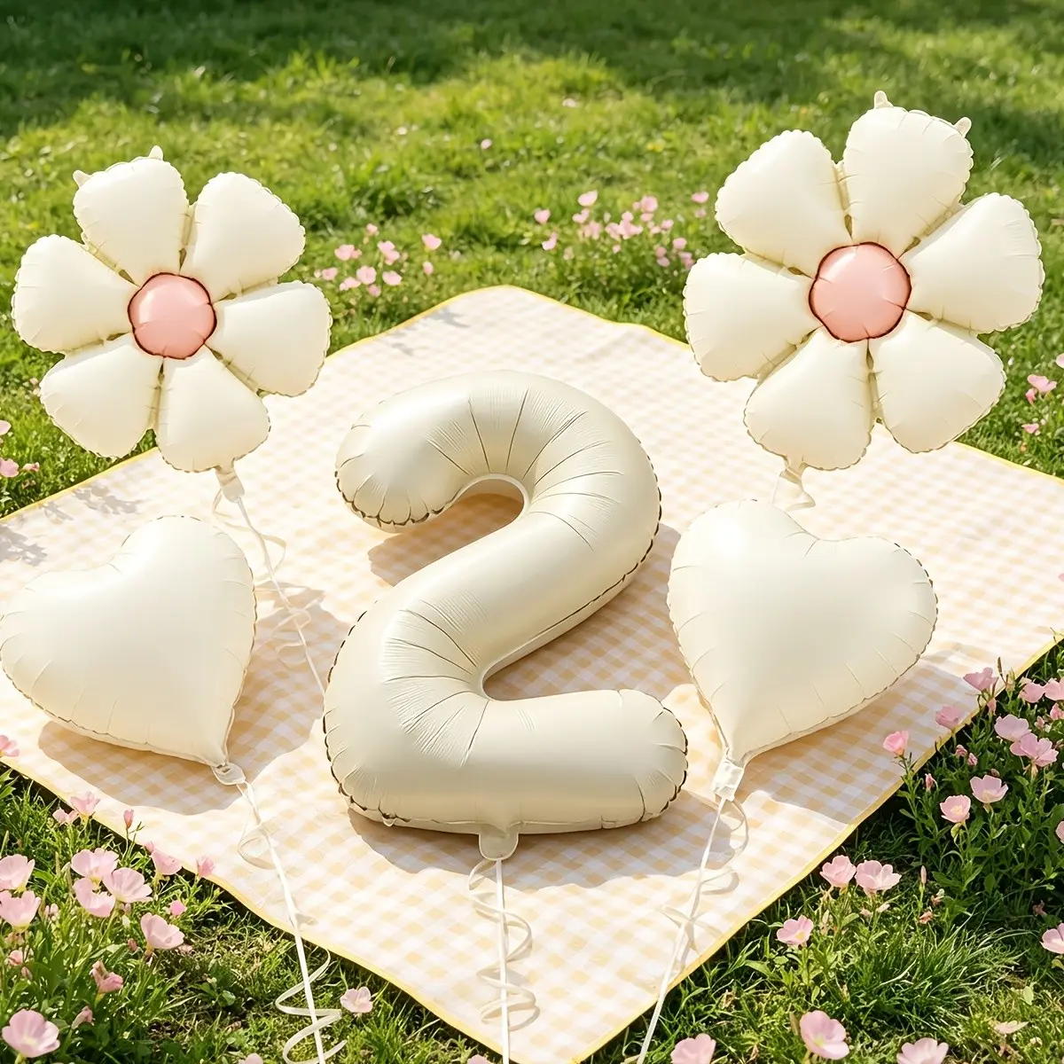 32inch Cream White Number Balloon 2 Digital Balloon with 18inch Daisy Balloons and heart balloons with white ribbon total 6pcs Balloon Set for 2nd birthday anniversary wedding bridal shower graduation party decorations