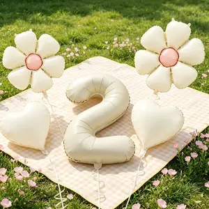 32inch Cream White Number Balloon 2 Digital Balloon with 18inch Daisy Balloons and heart balloons with white ribbon total 6pcs for 2nd birthday anniversary wedding bridal shower graduation party decorations