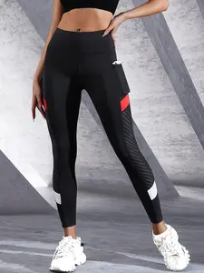 Women's Sporty High Waisted Yoga Pants, Patchwork Mesh Colorblock Tight Fit, Pockets, Suitable for Running, Fitness, All Seasons, Gym Workout Leggings