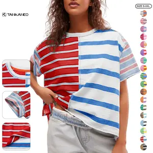 Tankaneo Womens Summer Striped Shirts Casual Color Block Short Sleeve Tops Loose Fit Crew Neck Tees