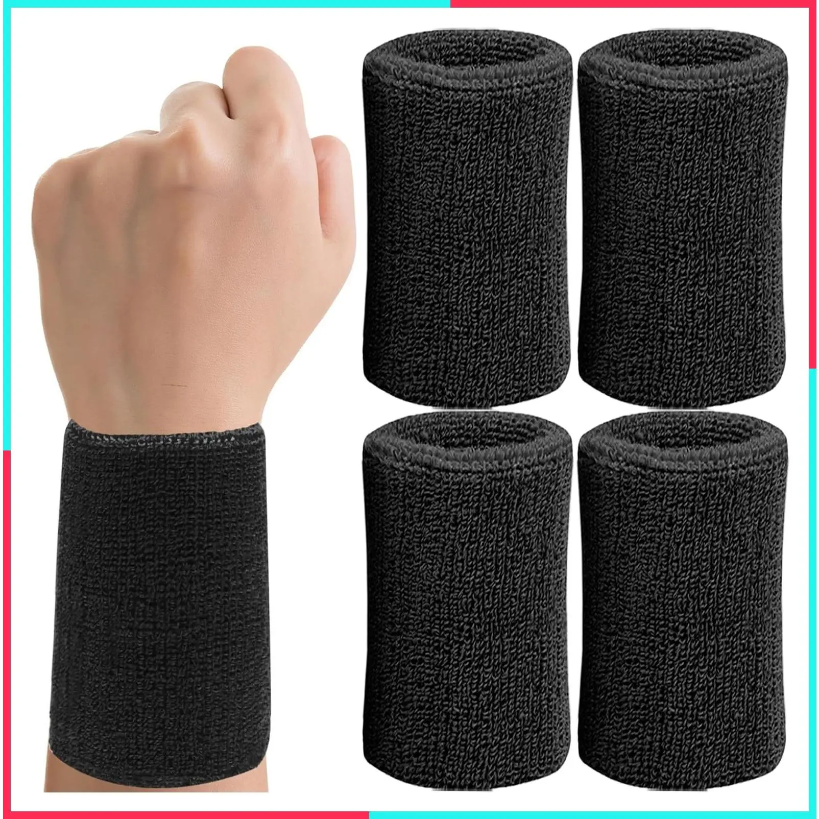 6 Inch Absorbent Tennis Wrist Sweatbands for Men & Women - Breathable Cotton Athletic Long Wrist Bands for Basketball, Workout, Running (4 Pack)