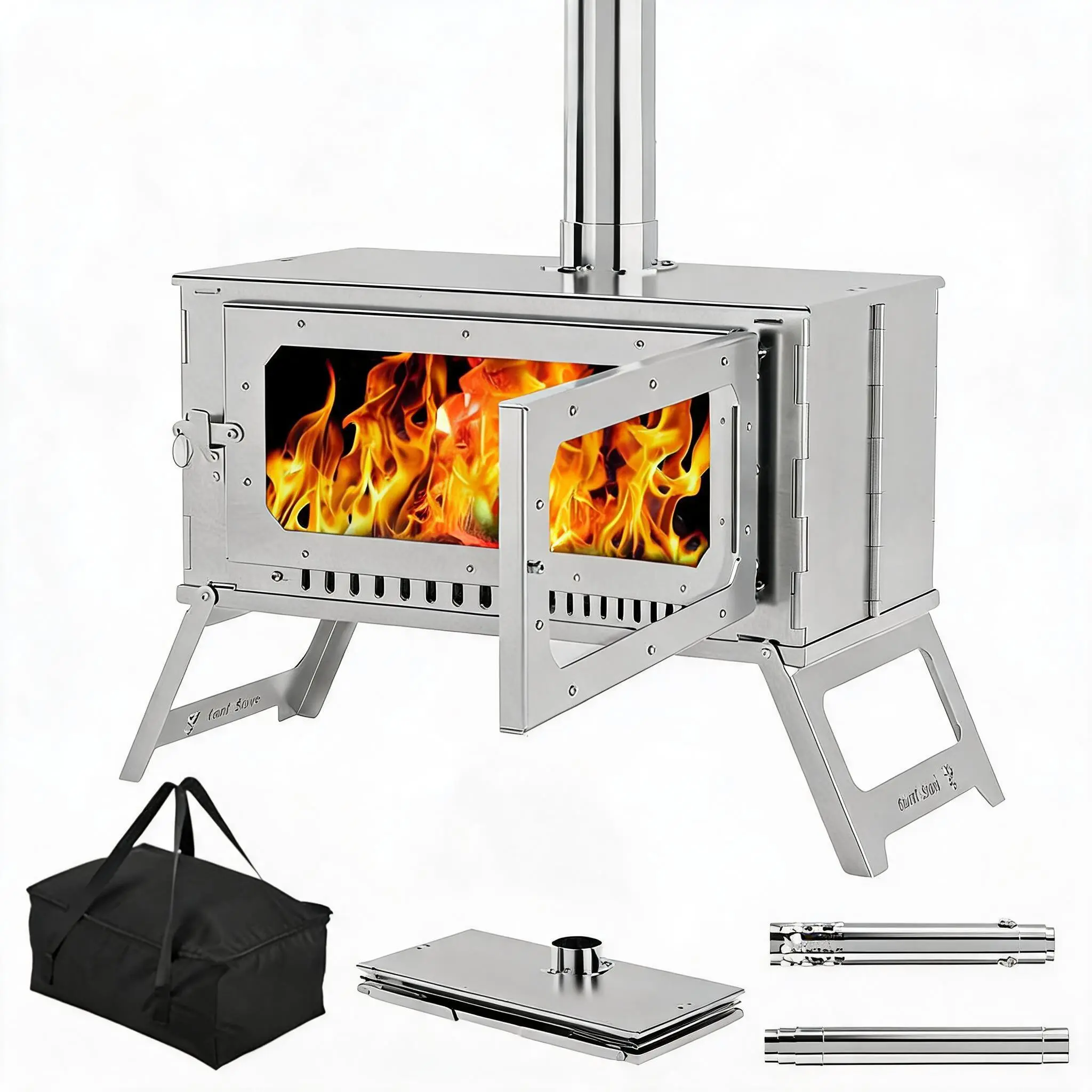 Wood Stove for Tent - Foldable & Cylinder Tent Stove with View Glass, Large Stainless Steel Camping Stove with 5 Pipe Chimney for Outdoor Heating, Cooking, Winter Camping, Hunting