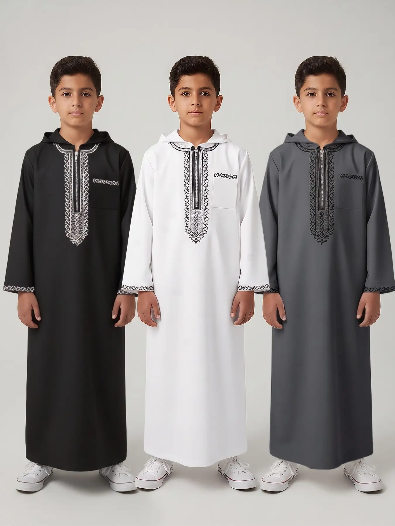Moroccan Style Hooded Boy Djellaba For Muslim, Elegant Embroidered Zipper Design, Side Pockets, Long Sleeve, Suitable for Ages 8-12, Casual Holiday Wear