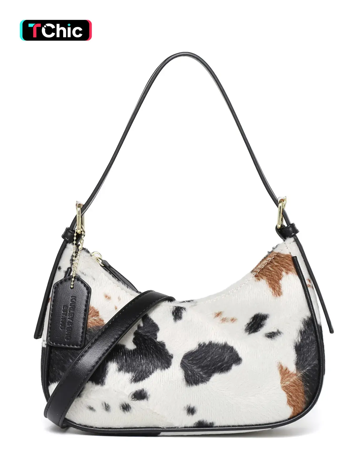 American Retro Cow Print Plush Crossbody Bag, Dual Straps, Versatile Street Style, Casual PU Material, Perfect for Commute and Fashion, Casual Commuter Bag, Crossbody Shoulder Handbag, Fashionable Crossbody Bag