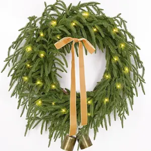 24 Inch Real Touch Norfolk Pine Christmas Wreath with Lights for Front Door, Greenery Wreath with Ribbon Bell for Indoor Outdoor Home Table Wall Window Christmas Decoration