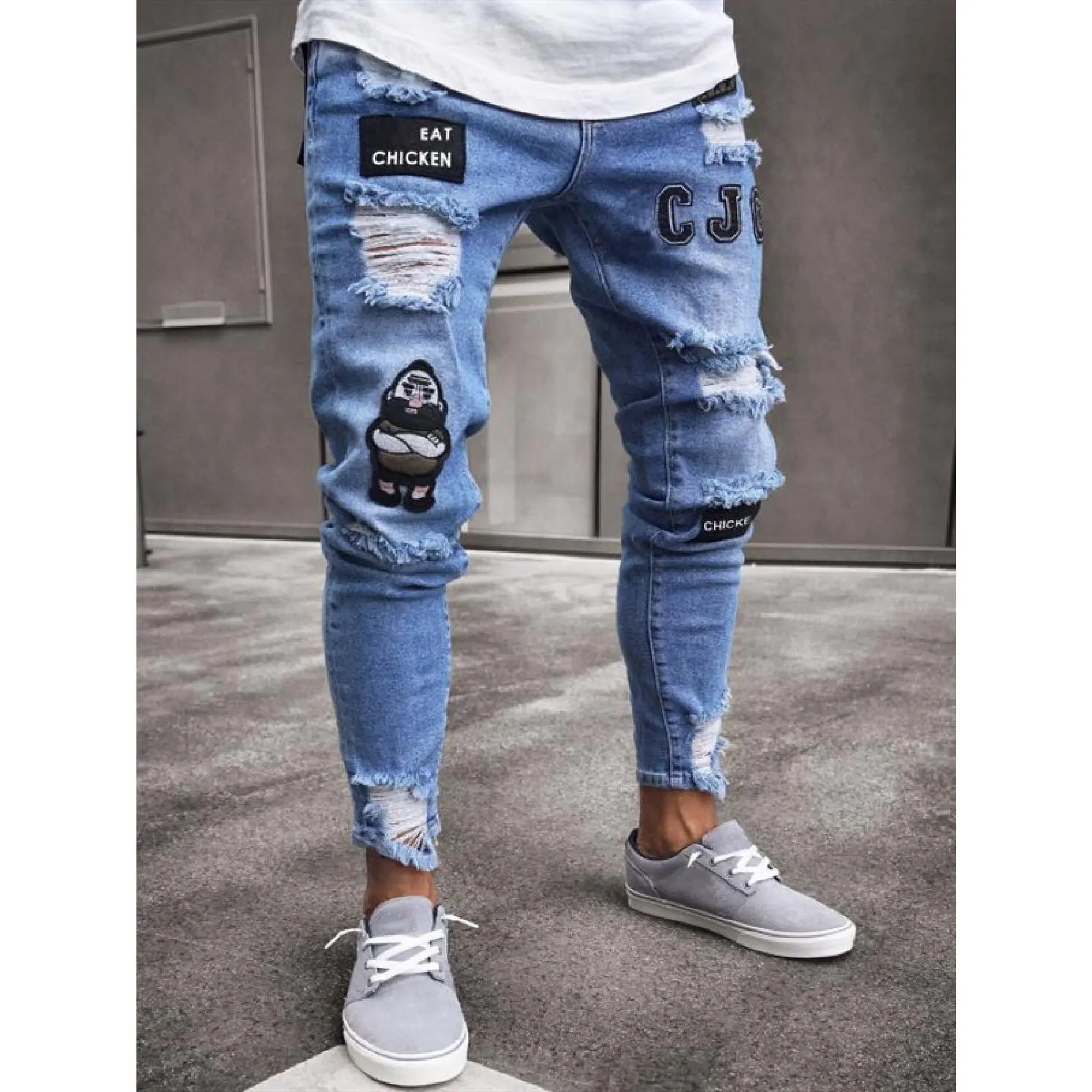 Men HipHop Holes Distressed Embroidery Design Skinny Jeans Male Trousers Holes Slim Stretch Pencil Denim Pants
