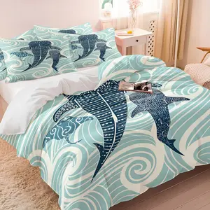 3PCS Teal Wave Whale Shark Manta Ray Duvet Cover Set (1 Duvet Cover + 1-2 Coreless Pillowcases), Minimalist Ocean Wave Marine Animal Print, Soft Comfy All Seasons Summer Vibes Bedding Set,Ideal for Coastal Ocean Lover Bedroom Dorm Decor