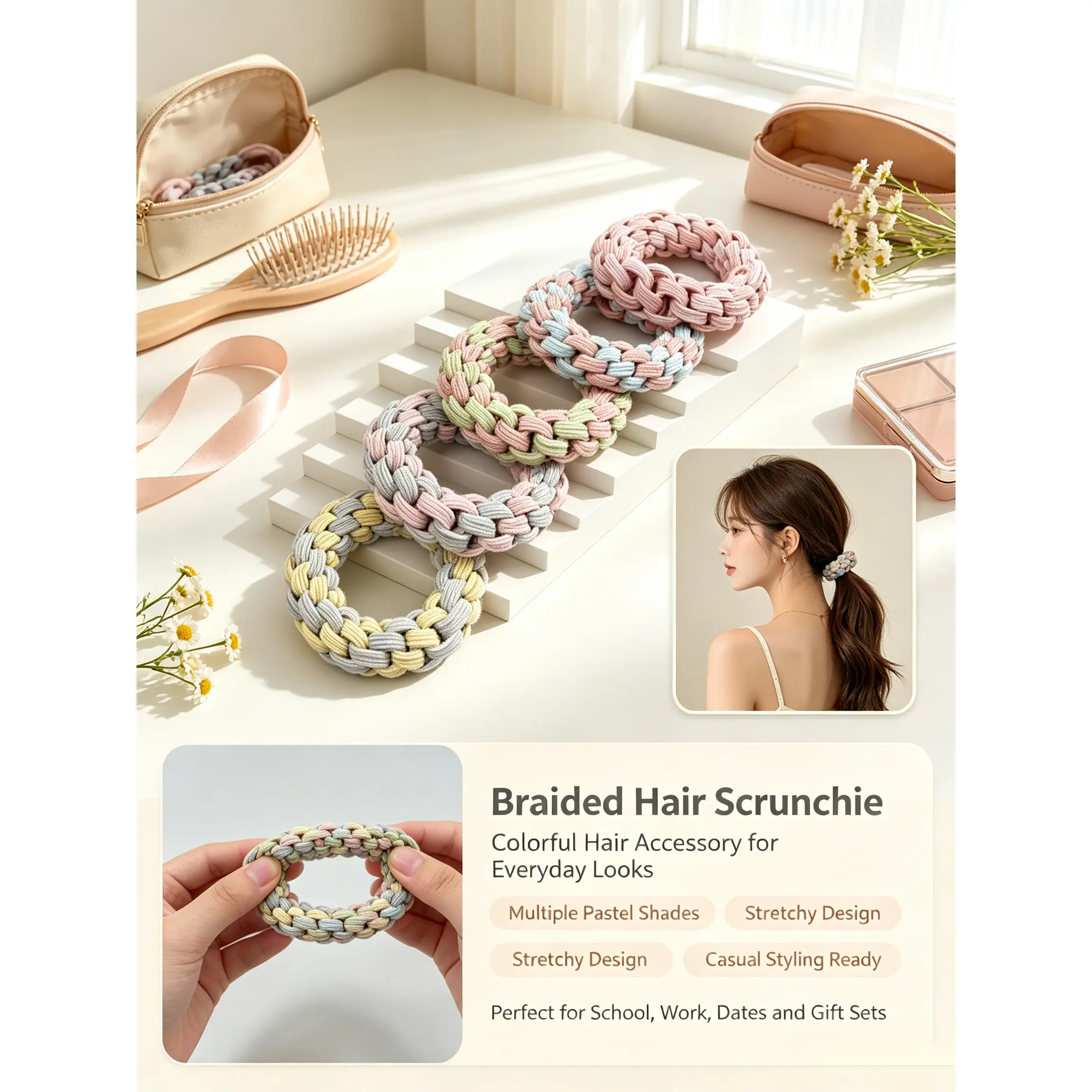 2026 Multi Color Braided Hair Ties Handmade Knit Scrunchies Soft Elastic Hair Bands Daily Women Hair Accessories#HairOOTD#HairTies#HairScrunchies#HairAccessories#DailyHair#CuteHairBand#GiftForHer#Student Accessories#SimpleHairStyle#TrendyHair
