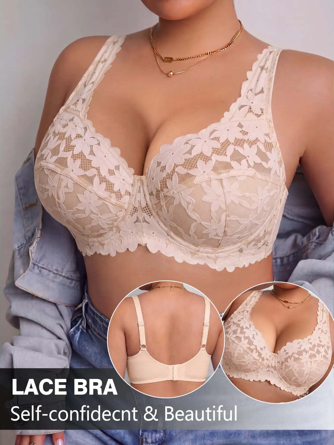 Plus Size Women's Bra with Underwire, Lace Patch Mesh Design, Comfortable Lift and Support, Ideal for Daily Wear and Special Occasions