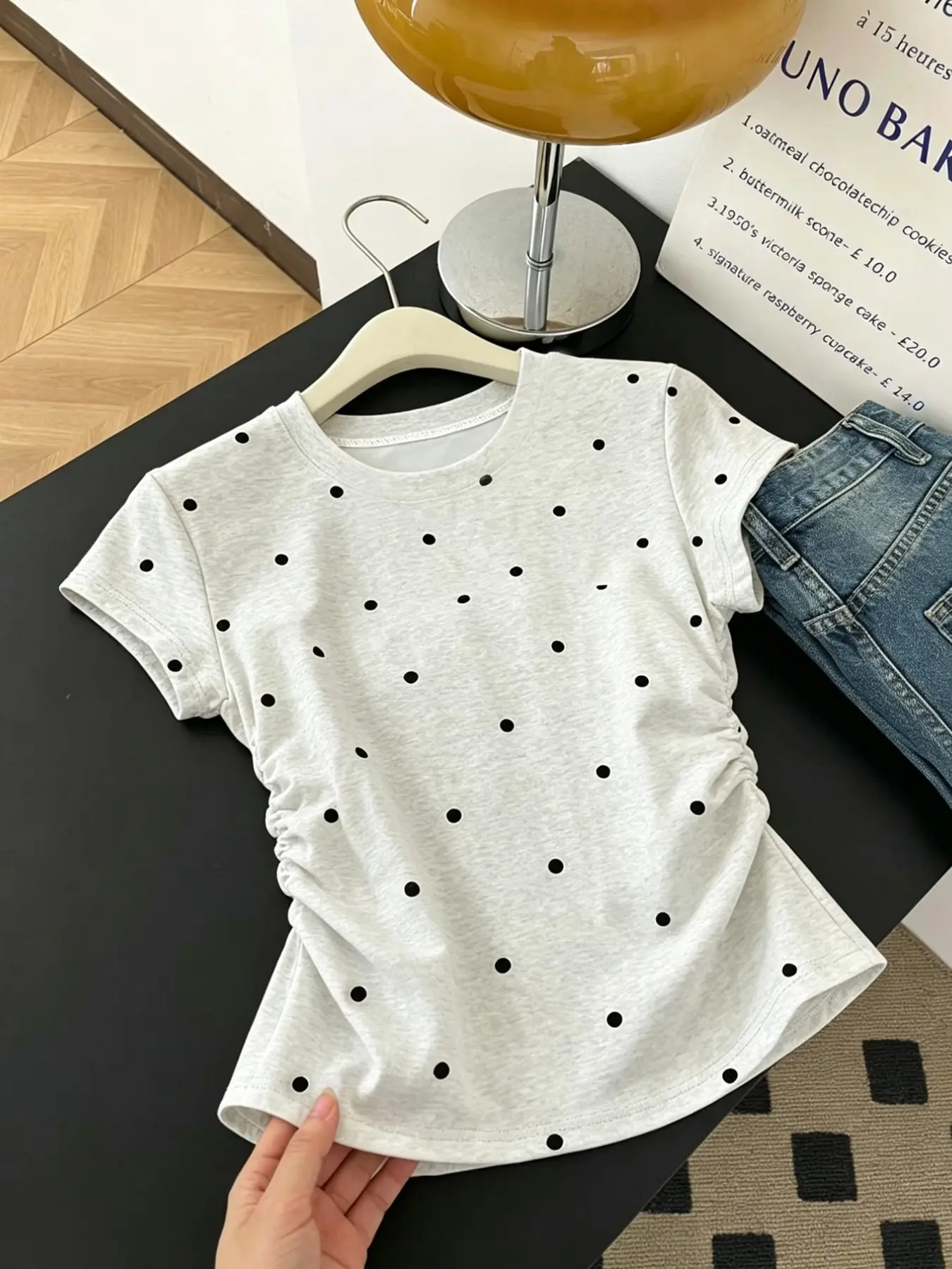 Polka Dot Printed Slim Fit Round Neck Short Sleeve T-Shirt, Casual Sweet Style, Perfect for Daily Commute and Dates