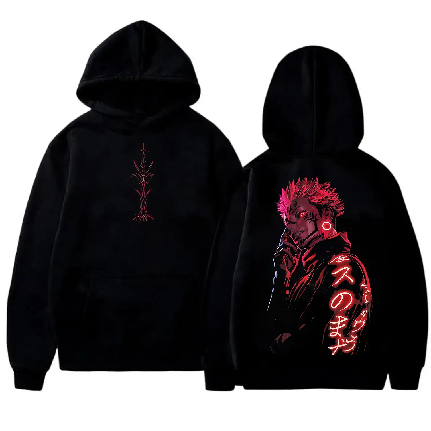 Men's Ryomen Sukuna Jujutsu Kaisen Oversized Washed Thick Heavy Cotton Neon Red Graphic Hoodies - Streetwear Menswear Top, Double-Sided Big Bold Prints, Anime Collector Essential