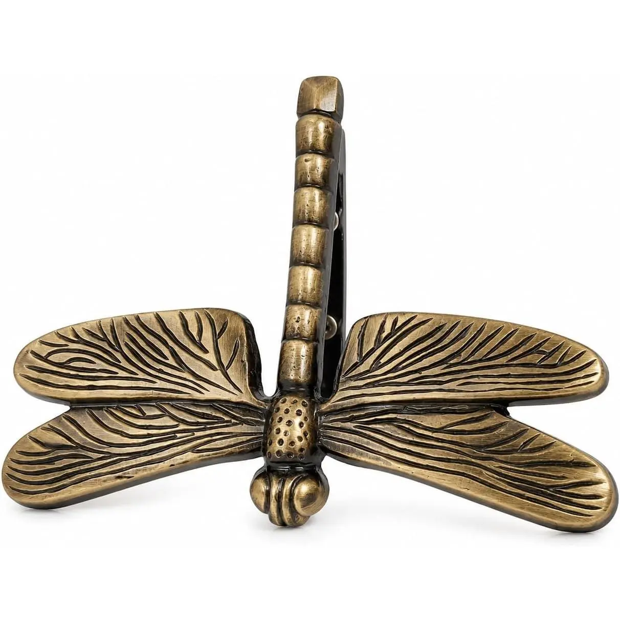 Rust-Proof Solid Brass Antique Finish Dragonfly Door Knocker - 6in Wide x 4.5in Long Decorative Front Door Hardware for Wooden House, Farmhouse Vintage Home Accessory