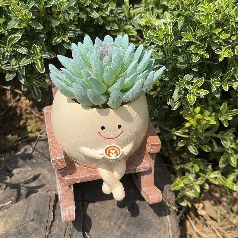 Smiling Coffee Rocking Chair Flower Pot - Fun Resin Planter Decoration with Drainage Hole, Garden Planters, Indoor/Outdoor Gardening and Home Decor, Unique Gift Idea