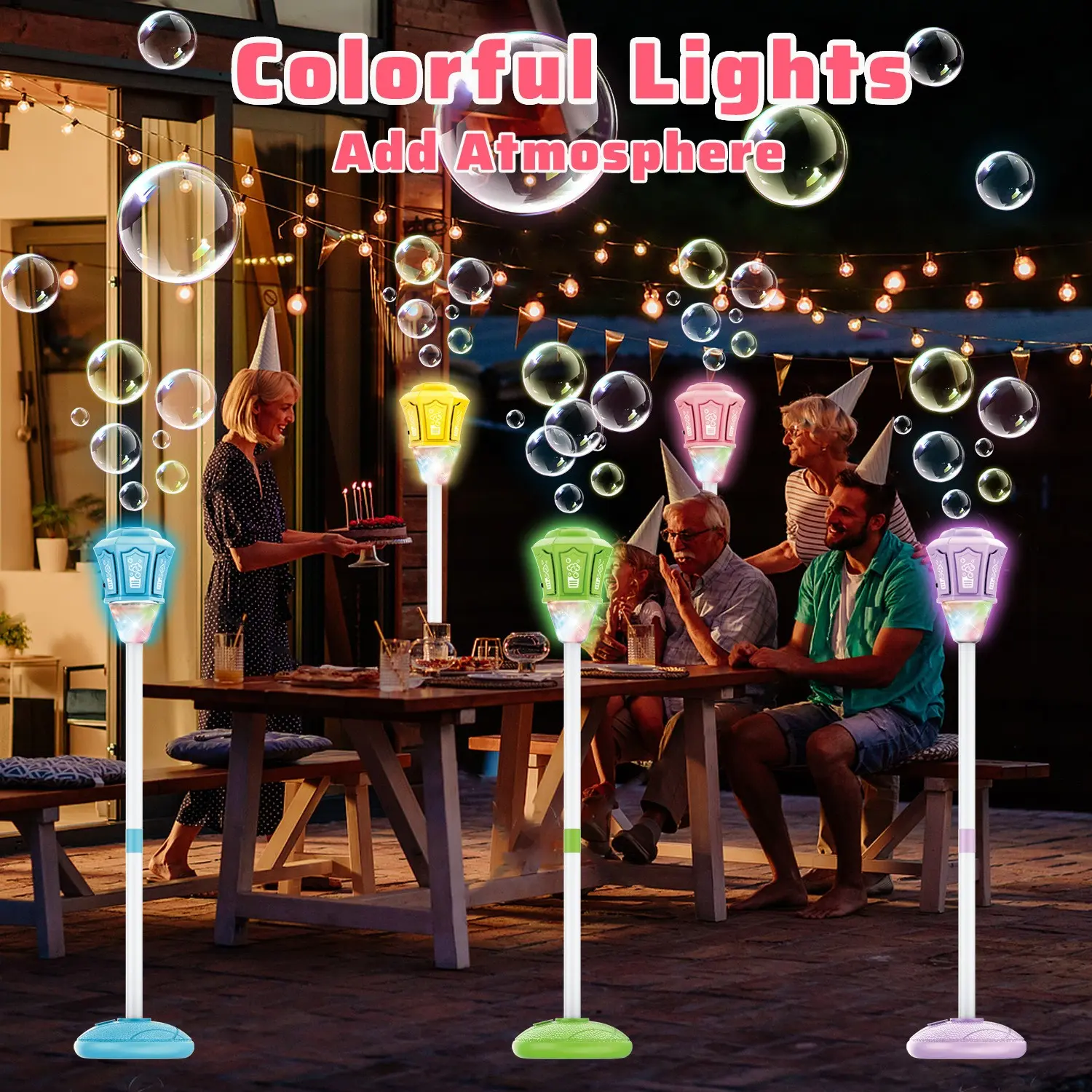 Standing Street Lamp Bubble Machine, Automatic Bubble Blower with LED Lights, Adjustable Height Outdoor Multifunction Bubble Maker Toy for Kids, Birthday Wedding Backyard Garden Party Decor