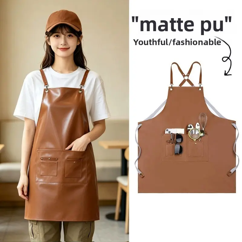 Waterproof Oil-Resistant PU Leather Apron, Kitchen Home Cooking Restaurant Workwear, Dual Shoulder Straps, Multiple Pockets, Printed Design