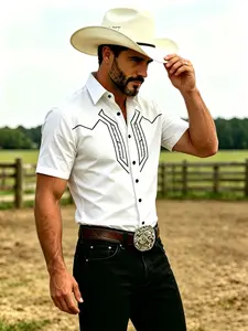 Men's Western Cowboy Short Sleeve Shirt, Casual Printed, Print Casual Open Front Top, Versatile Daily Wear for Rodeo and Everyday