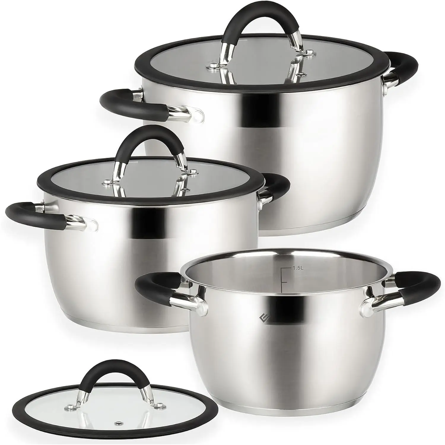 Orlando 6- Stainless Steel Induction Cookware Set – Dishwasher Safe Pots with Heatproof Handles, Glass , Measuring Scale,