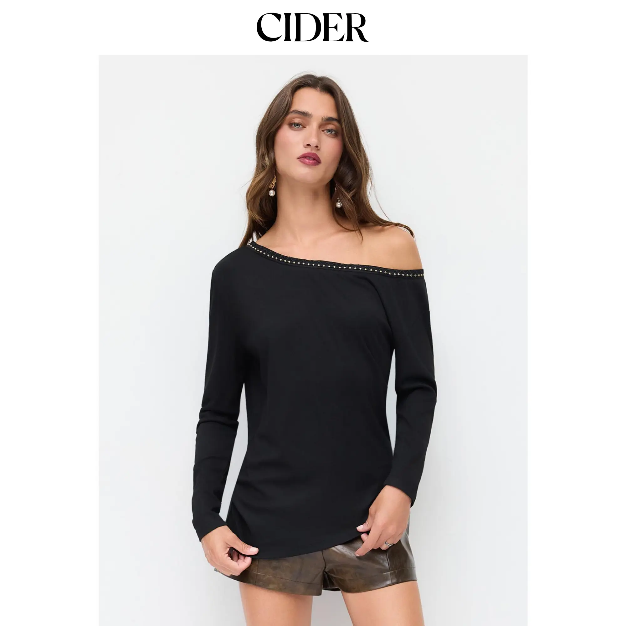 Cider Asymmetrical Neck Rivet Detail Long Sleeve Top SummerFinds