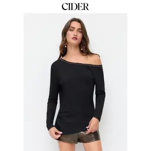 Cider Asymmetrical Neck Rivet Detail Long Sleeve Top Dealsforyou