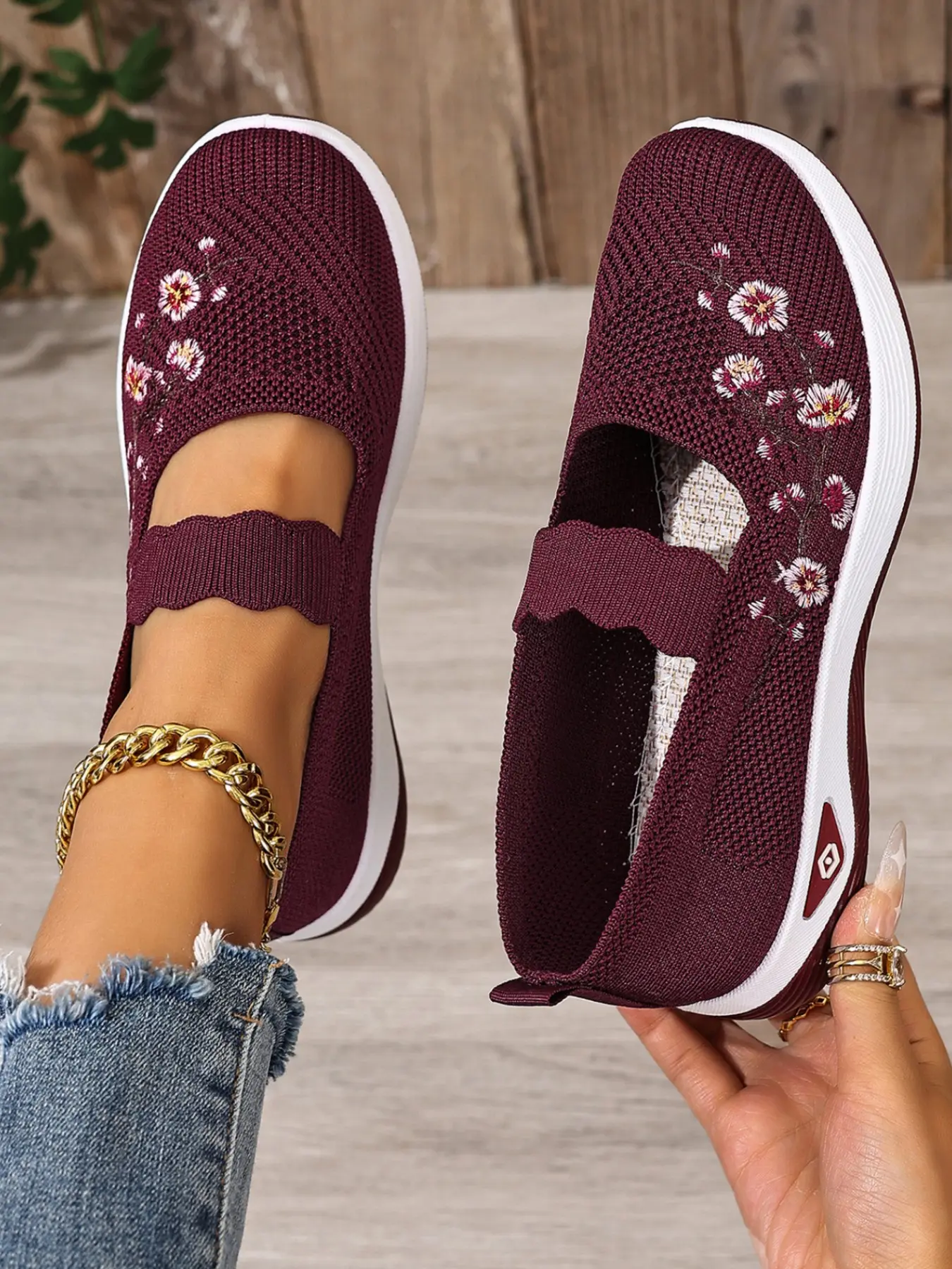 Minimalist Women Floral Embroidered Scalloped Strap Hollow Mesh Slip On Wedge Loafers, Light Flexible Cushioned Platform Sole Walking Trainers for Park Walks, Weekend Trips & Casual Errands, Casual Fall Shoes