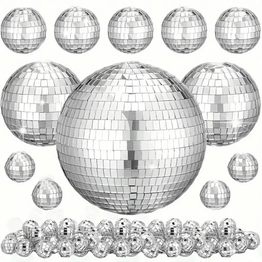 Silver Disco Ball Set, suitable for party decorations, 35-piece set, large mini shiny reflective glass balls, perfect for 70s-themed parties and celebrations