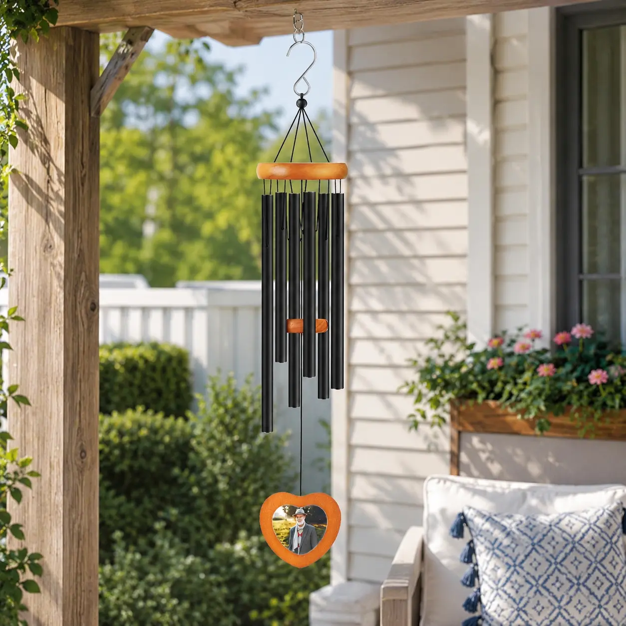26-Inch Heart Shape Personalized Photo Holder Memorial Wind Chimes - Black Aluminum & Wood European Style Outdoor Hanging Decor, Gift Boxed Sympathy Gift for Loss of Loved One (Garden, Patio)