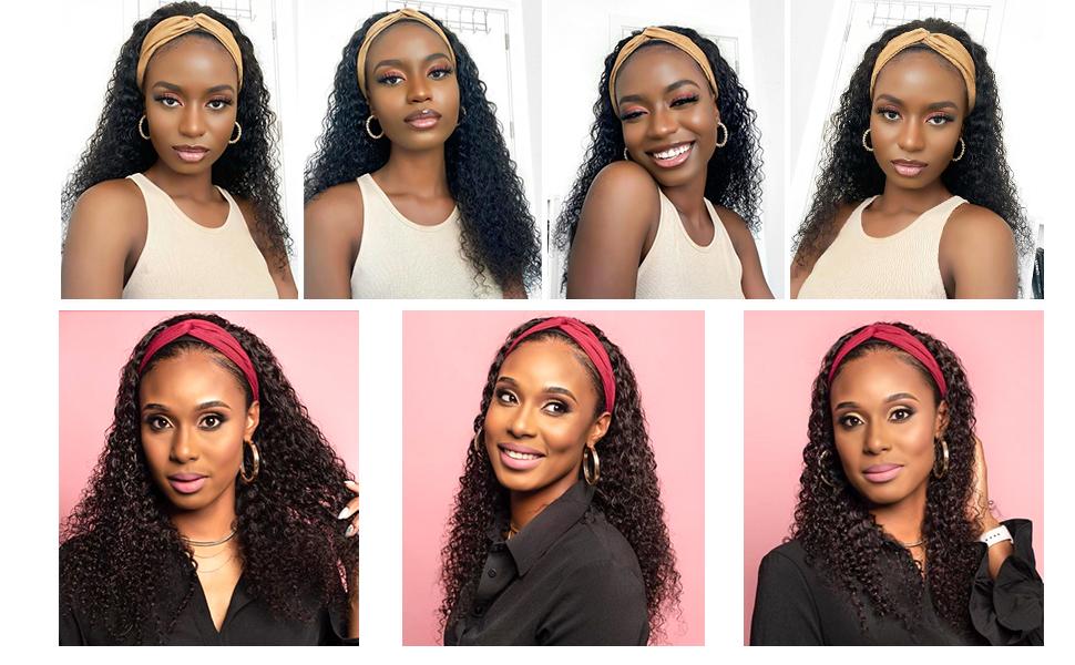 Bling Hair Headband Wig Kinky Curly Human Hair Wigs Brazilian Remy HUman Hair Wigs Curly 12-24 Inch Non Lace For Women 180% Density TikTokShopBlackFriday