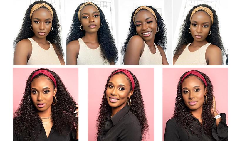 Bling Hair Headband Wig Kinky Curly Human Hair Wigs Brazilian Remy HUman Hair Wigs Curly 12-24 Inch Non Lace For Women 180% Density TikTokShopBlackFriday