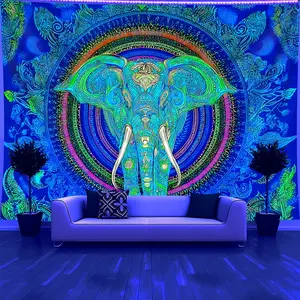 1-Piece Boho Mandala Elephant Glow-in-the-Dark UV Reactive Fluorescent Tapestry - Large Hanging Print, Statement Wall Decoration, Bedroom Home Decor Fabric Art Gift Backdrop