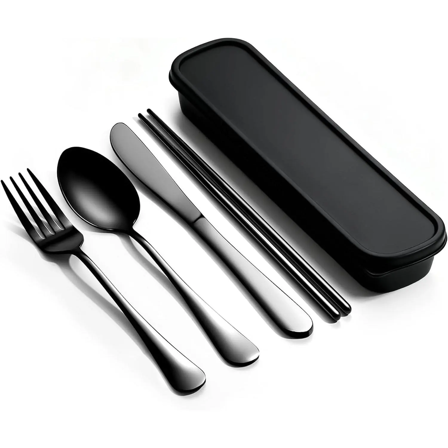 Travel Utensils with Case,  5 count Stainless Steel Silverware Set for Work, Portable  Travel Cutlery Set, Fork and Spoon Set for Picnic, Camping, Gadgets, Lunch Box for Men, Black