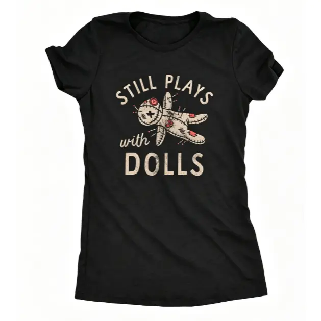 Vintage Voodoo Doll Gothic Humor Graphic Print Short Sleeve Women T-Shirt, Womens Summer Vacation Back To School Dark Retro Casual Tops For Festival Outfit, 100% Pure Cotton Printed Craft Summervibes Tee, Soft Breathable Relaxed Fit Everyday Fashion Outfi