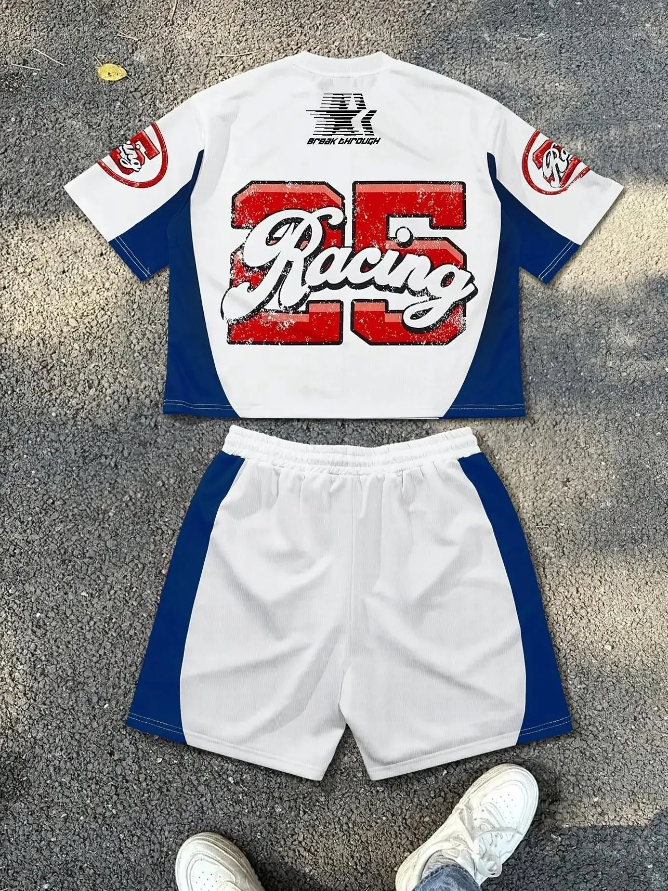 Vintage Motorsport Racing Jersey Short Set, Quick Dry Breathable Contrast Panel Tracksuit with "25 Racing" Logo, Oversized Crew Neck Streetwear Outfit for Men & Women, Ideal for Daily Wear, Beach & Summer Street Style