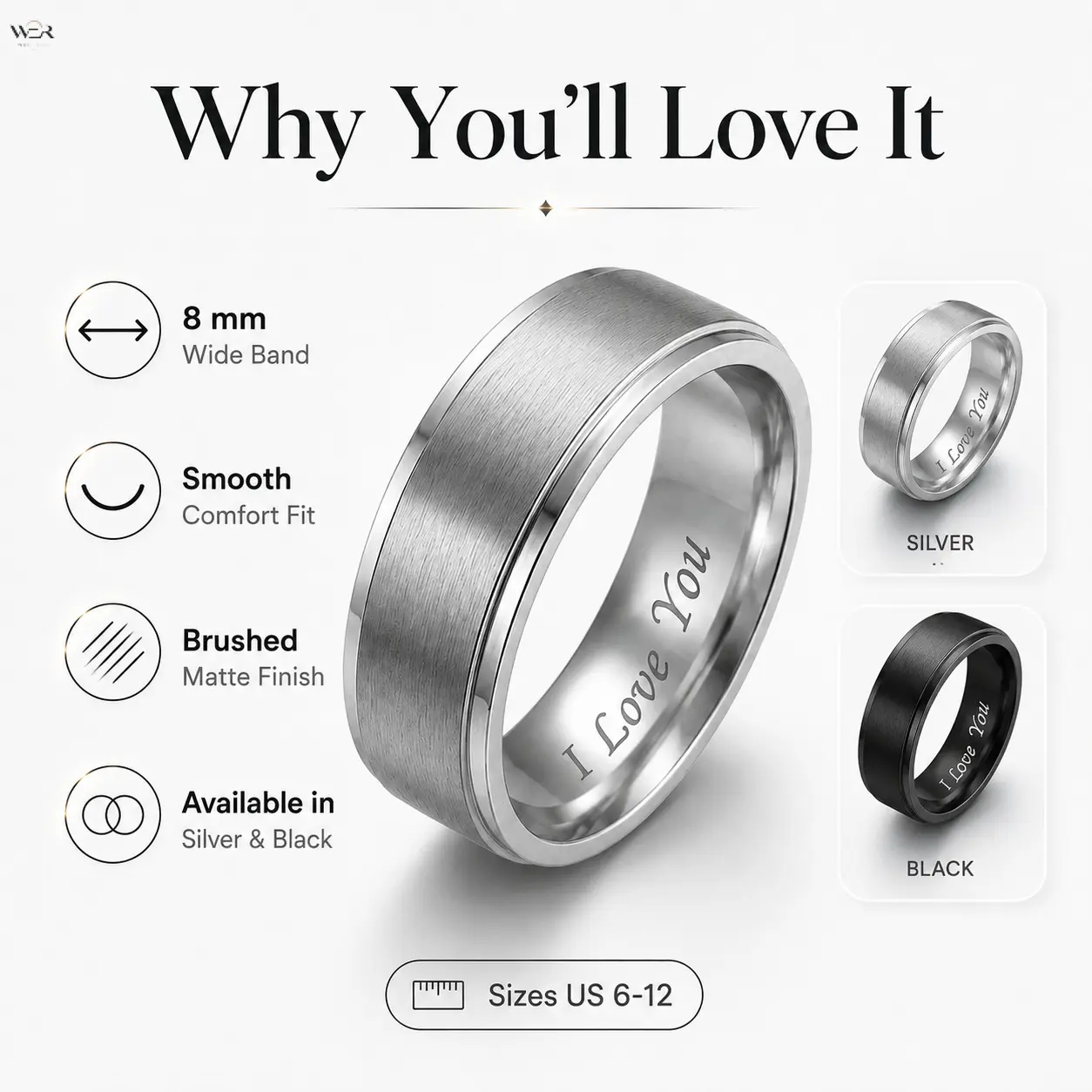 Engraved "I Love You" Couple Matching Ring Set, 8MM Brushed Comfort Fit Tungsten Wedding Bands, Black & Silver Two Tone Promise Rings for Men Women