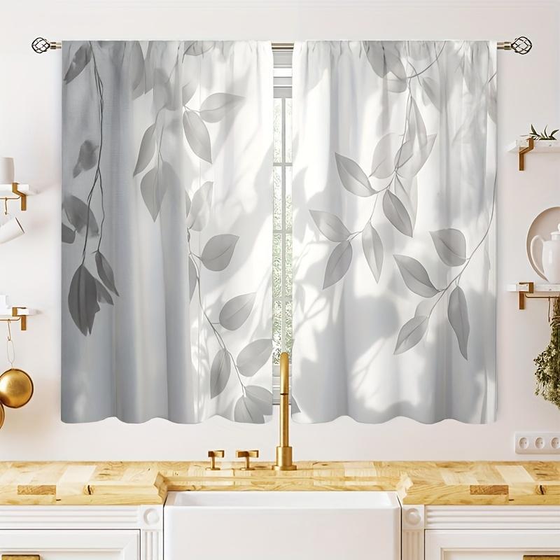 2pcs White and Gray Leaf-patterned  Kitchen Printed  Small Short Cafe  Rod Pocket Bathroom  Treatments Tiers Kitchen Living Room Office Bedroom Home Decor 39.9x27.5 Inch LW429C1L97 casual party decoration curtain high ceiling room decor set inganchos