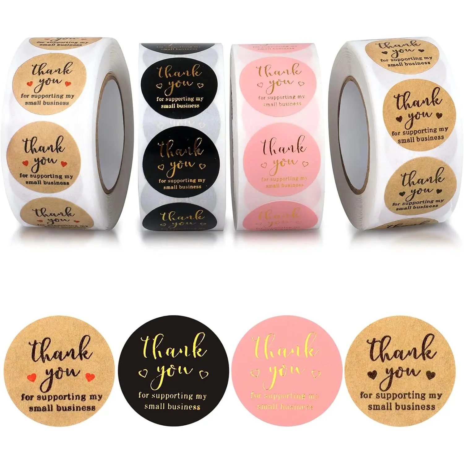 1-Inch PVC Thank You Round Stickers, 3-Color (500 Sheets per Color, 4 Rolls, 2000 Pcs Total) Adhesive Labels for Small Business Support, Candy Bags & Activities, Thank You Tags