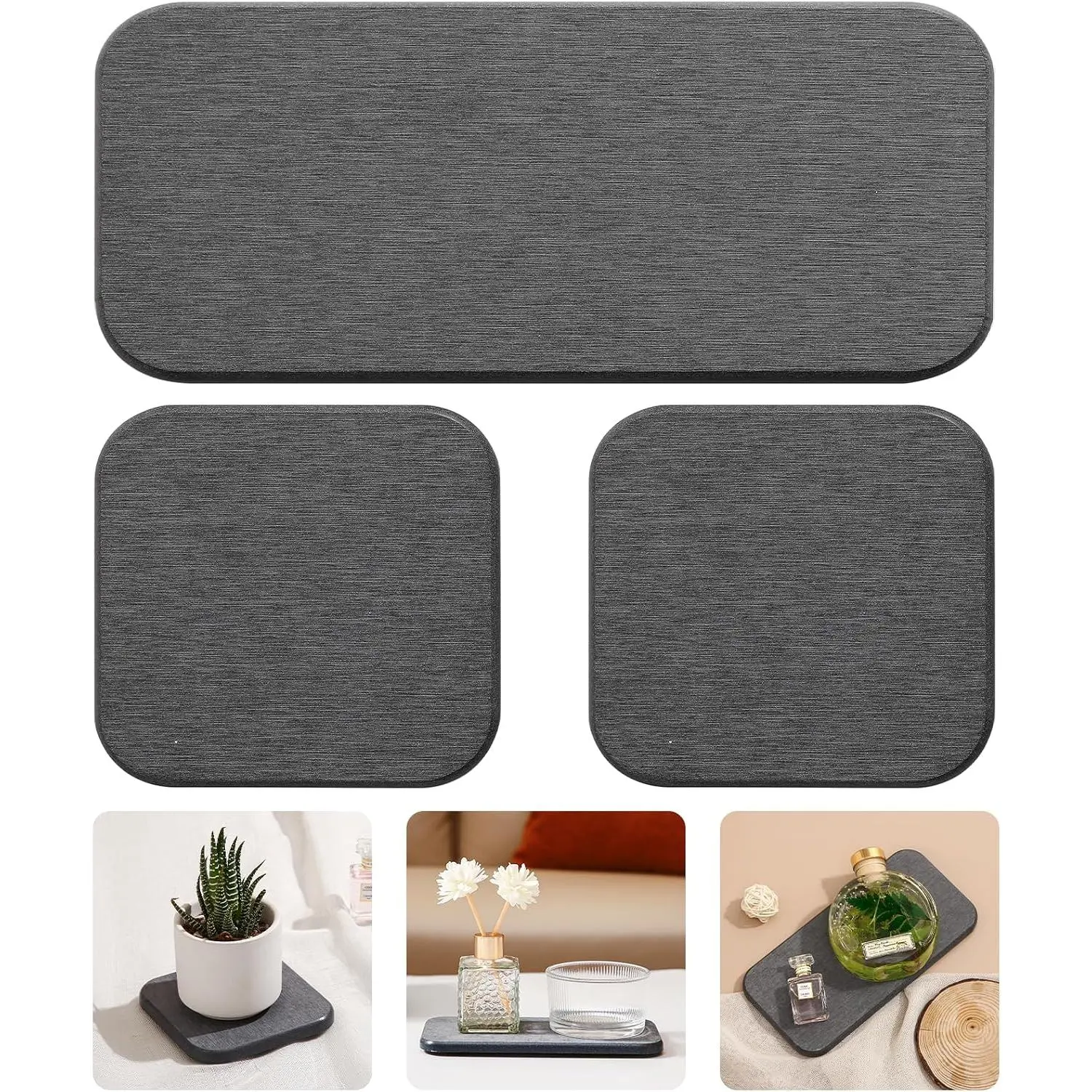 3-Count Modern Synthetic Diatomaceous Earth Sink Organizer Set - 1 Stone Tray, 2 Stone Coasters for Bathroom Counter Soap Drying & Holding, Organiser, Durable
